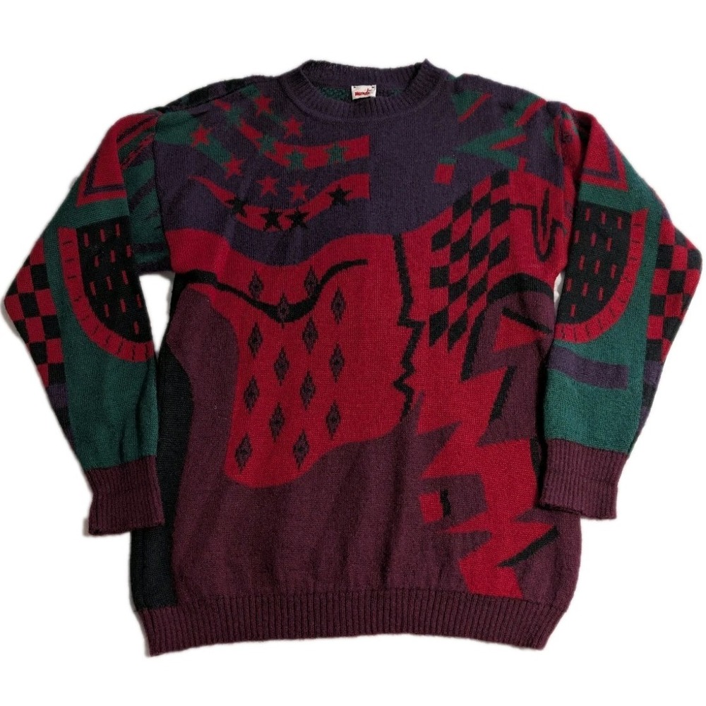 Mondi Vintage Abstract Sweater Size‎ 12 Purple Red Green Crewneck